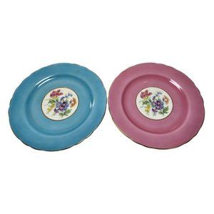 Aynsley Plates Pink and Blue Rim Floral Center Aynsley England